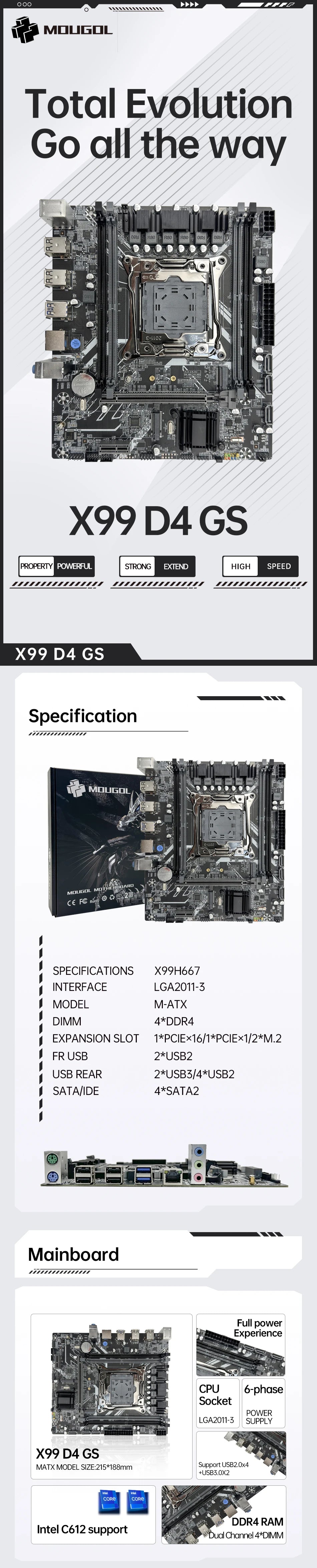 MOUGOL New X99 Gaming Motherboard USB3.0 Supports M.2 NVME SSD Dual Channel DDR4 ECC Memory LGA2011-3 for Desktop Computer Combo