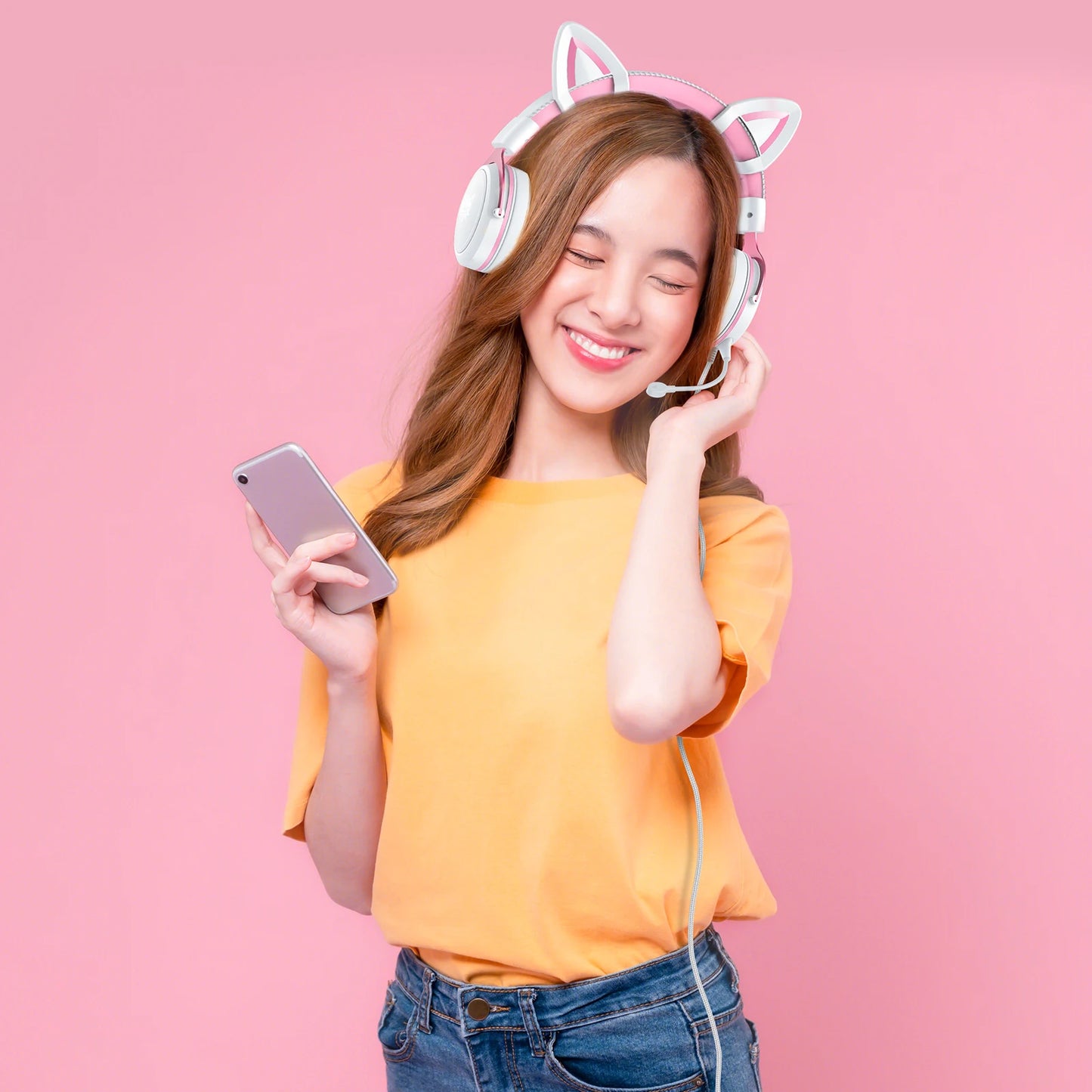 onikuma Cat Ear Gaming Cute Headset, Wired Over-Ear Headphones with Noise Cancelling Microphone, Surround Sound, LED Backlight f