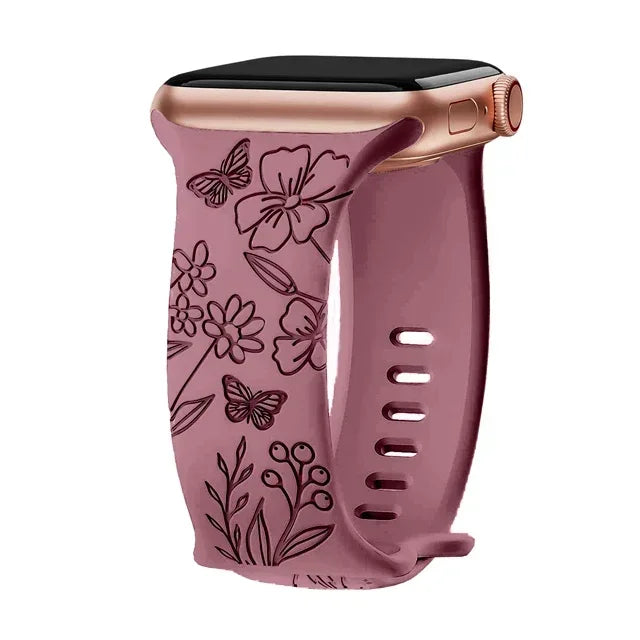 Floral Engraved Strap For Apple Watch Band 40mm 44mm 41mm 49mm 45mm 38mm 42mm silicone bracelet iwatch series 9 7 se 6 8 ultra 2
