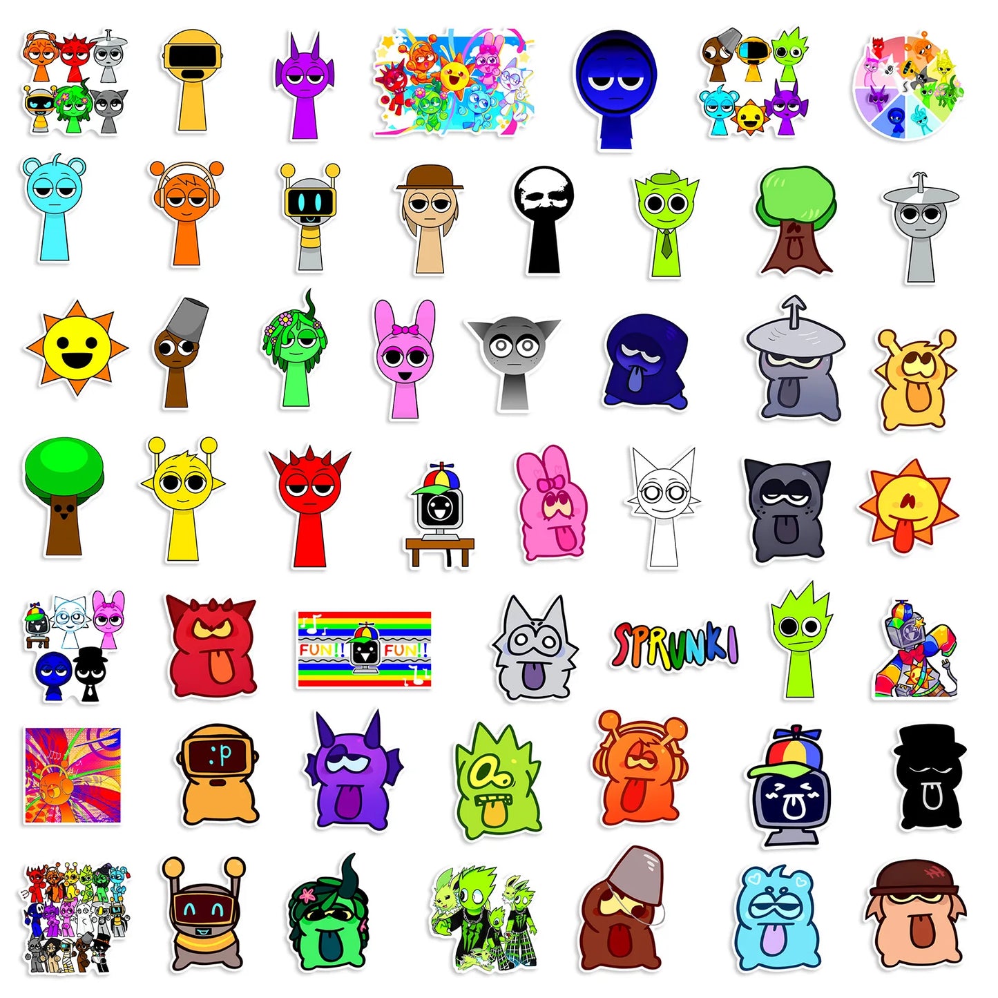52Pcs Cute Sprunki Stickers Sprunki Incredibox DIY Stickers Scrapbooking Phone Luggage Skateboard Waterproof Decals
