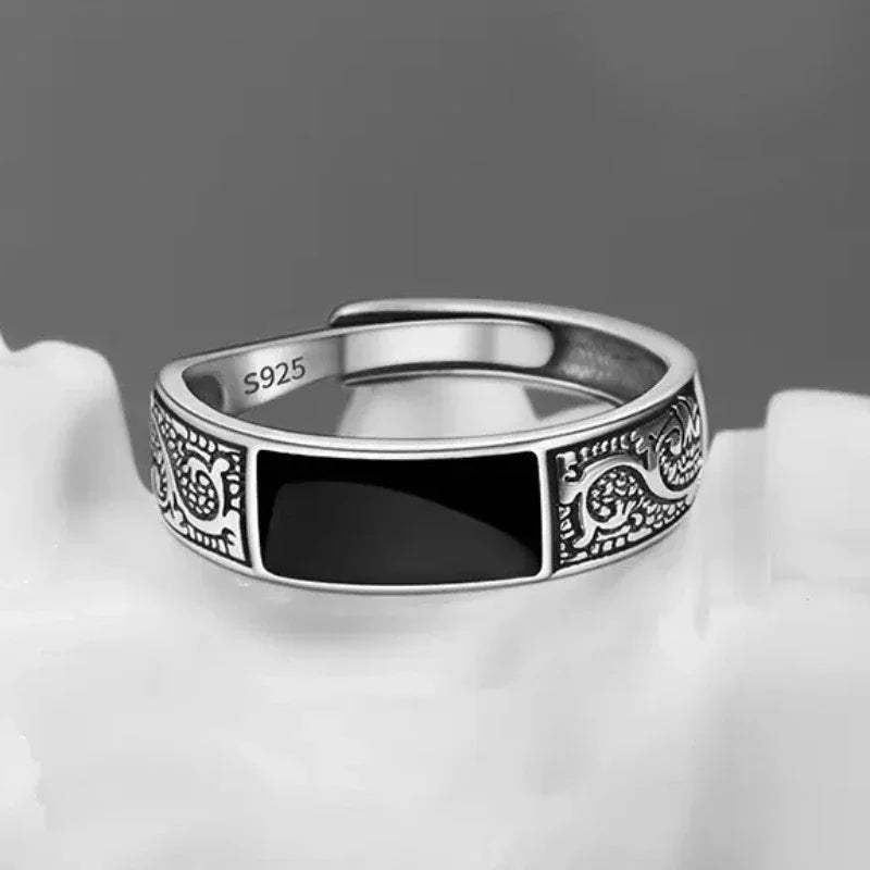 Trendy Silver Sterling Silver Ring for Men Jewelry Black Rectangle Retro Dragon Pattern Ring Male Infex Finger Accessories Open