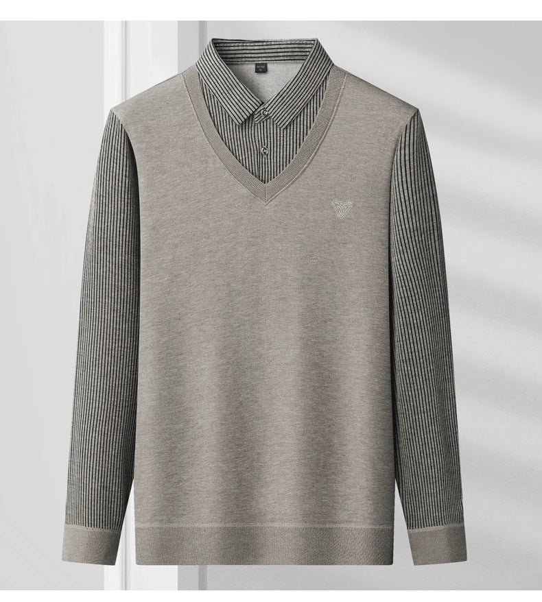 Mens Autumn Clothes Polo Collar Sweater Fake 2 Pieces Striped Velvet Jumpers Slim Fit Pullovers Elegant Knitted Sweaters