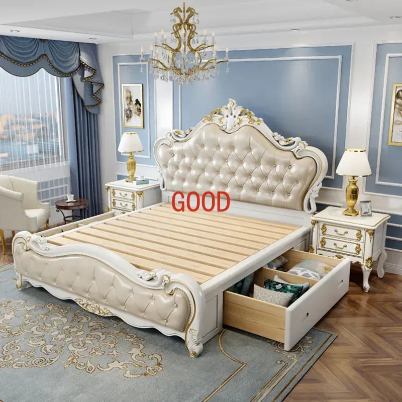 European Luxury Modern Double Bed Frame Mattress Storage Solid Wood Princess Bed Queen Size Cama Bedroom Set Furniture