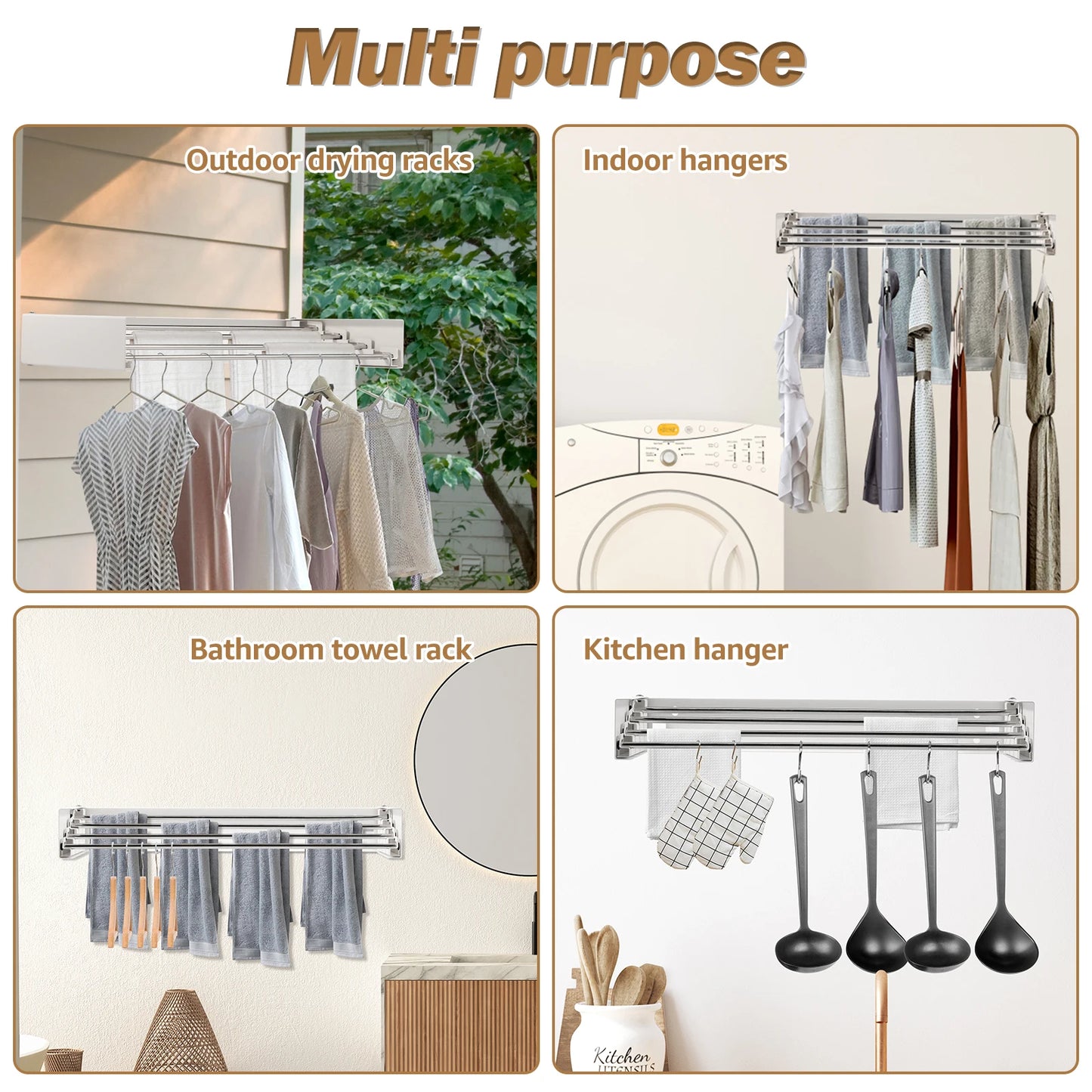 Folding Clothes Hanger Stainless Steel Laundry Drying Rack Wall Mount Travel Indoor Balcony Towel Bar Collapsible Drying Rack