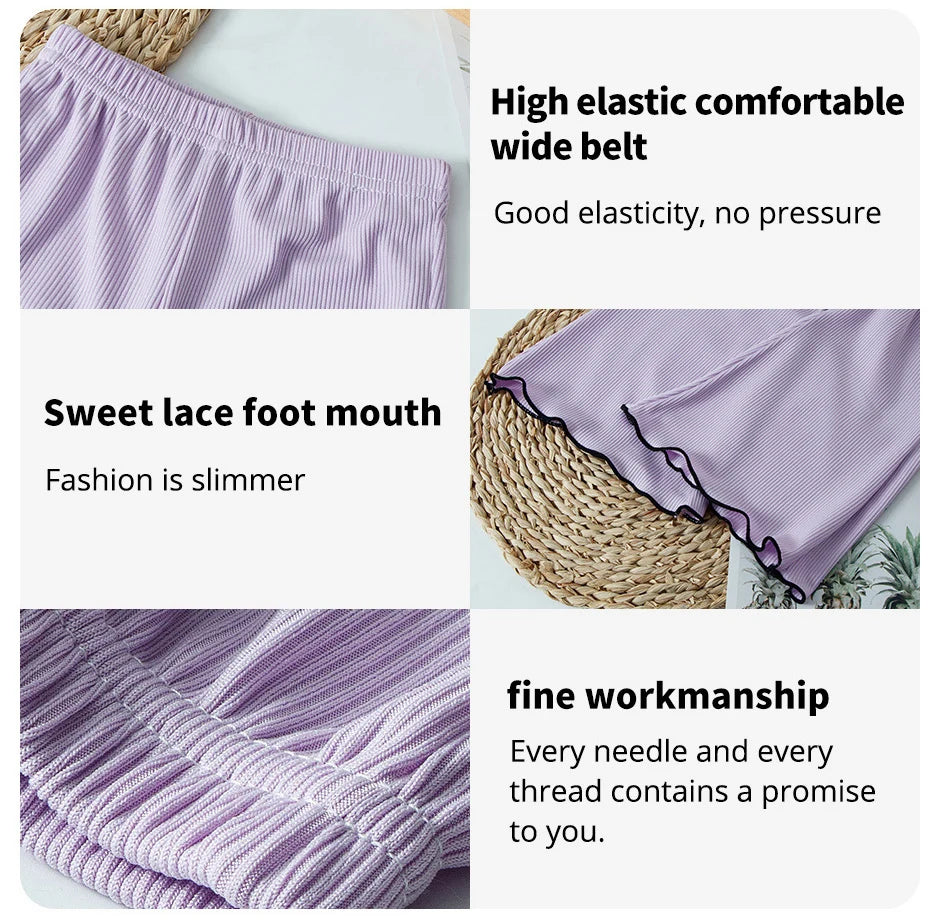 Children's solid color bell bottoms girls summer color casual fashion pants female students elastic waist pants with wavy sides.