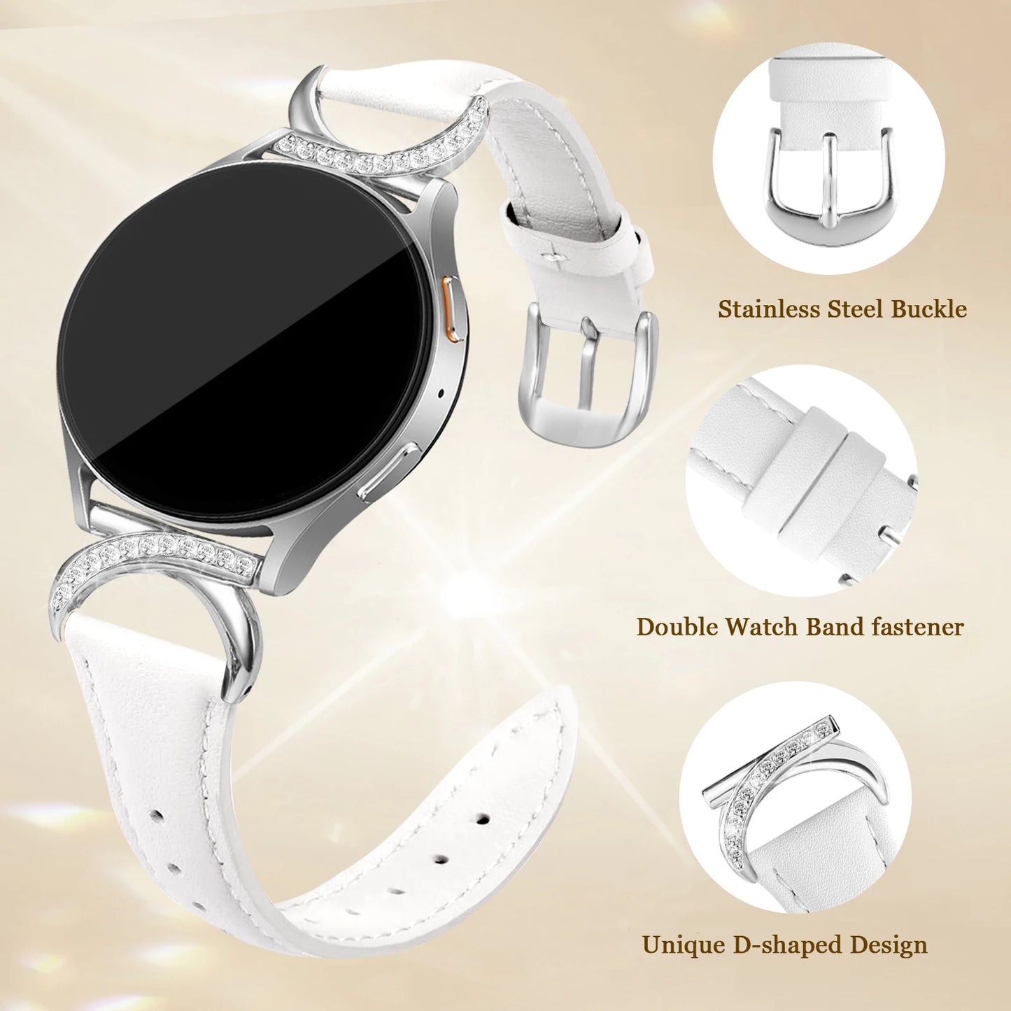 Leather strap compatible with Samsung Galaxy Watch 7/6/5/4 Classic strap 40/42/44/43/45/46/47mm Stylish 20mm strap for women