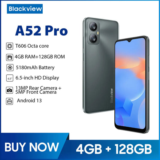 Blackview A52 Pro Smartphone 6.5 Inch Cellphone 4GB 128GB Octa Core Android 13 Mobile Phone 5180mAh 13MP Rear Camera Dual 4G