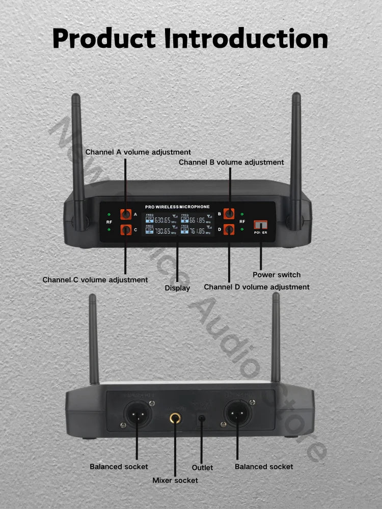 Wireless Microphone Handheld 4 Channel UHF Fixed Frequency Dynamic Microphone For Karaoke Wedding Party Band Church Performance