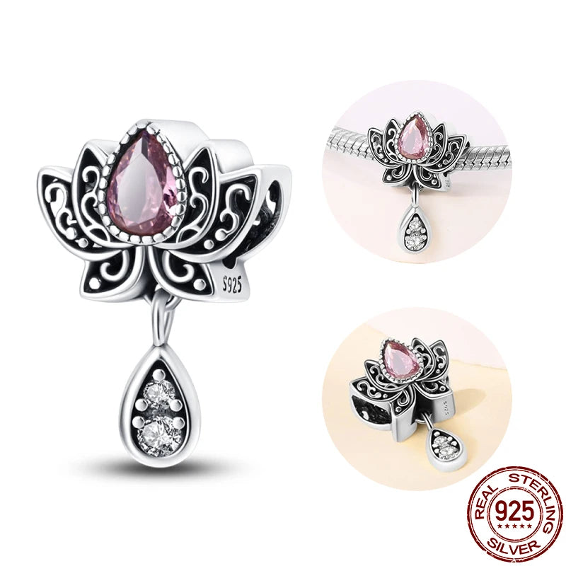 Hot Sale 925 Silver Classic Purple Retro Heart Shape Lotus Angel Pattern Charms Beads Fit 3mm Original Bracelet DIY Jewelry Gift