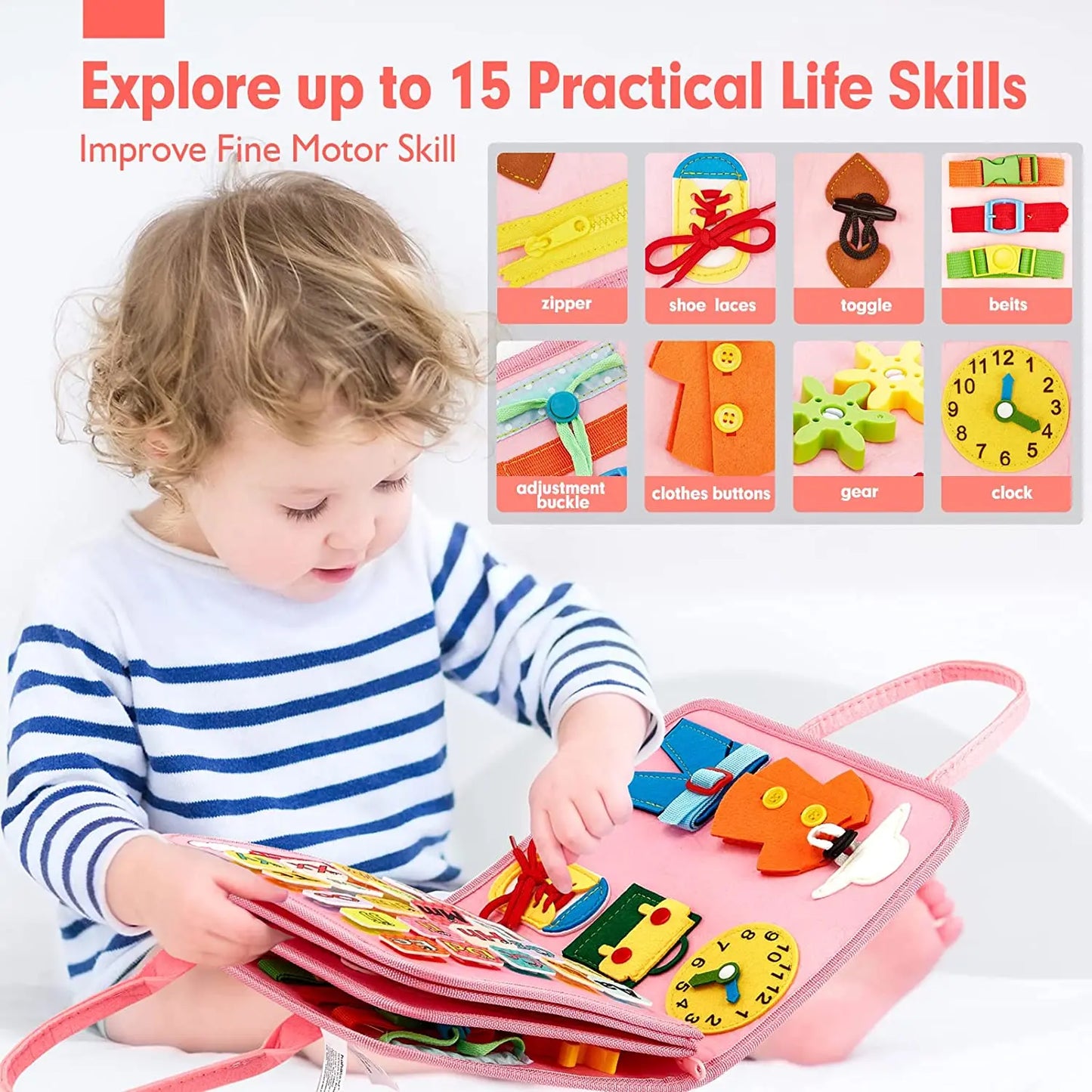 Toddlers Travel Busy Board for Boys Girls Montessori Toys for 2+ Year Old Preschool Learning Life Skill, Alphabet, Number, Shape