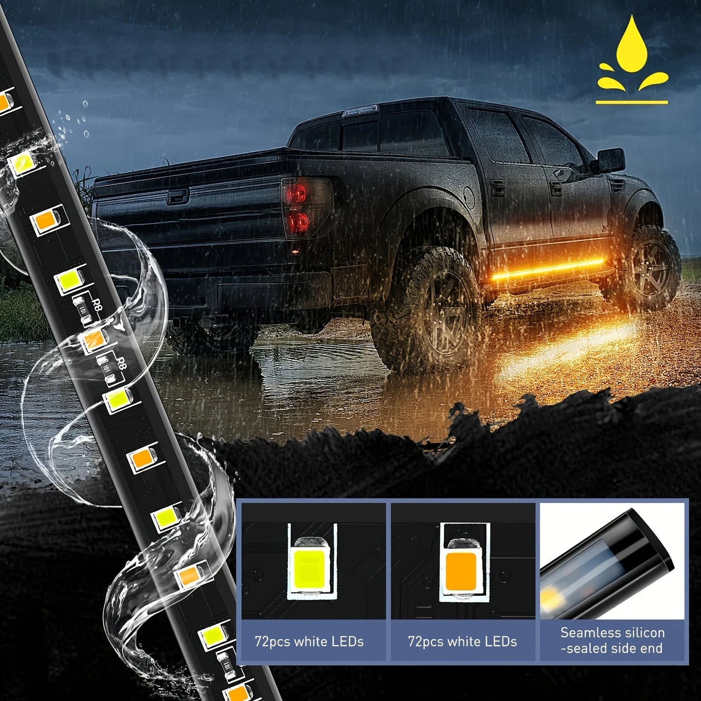 2pcs Truck LED Running Board Lights LED Side Marker Welcome Light Flexible Amber Turn Signal Light Bar for Pickup Truck Car 12V