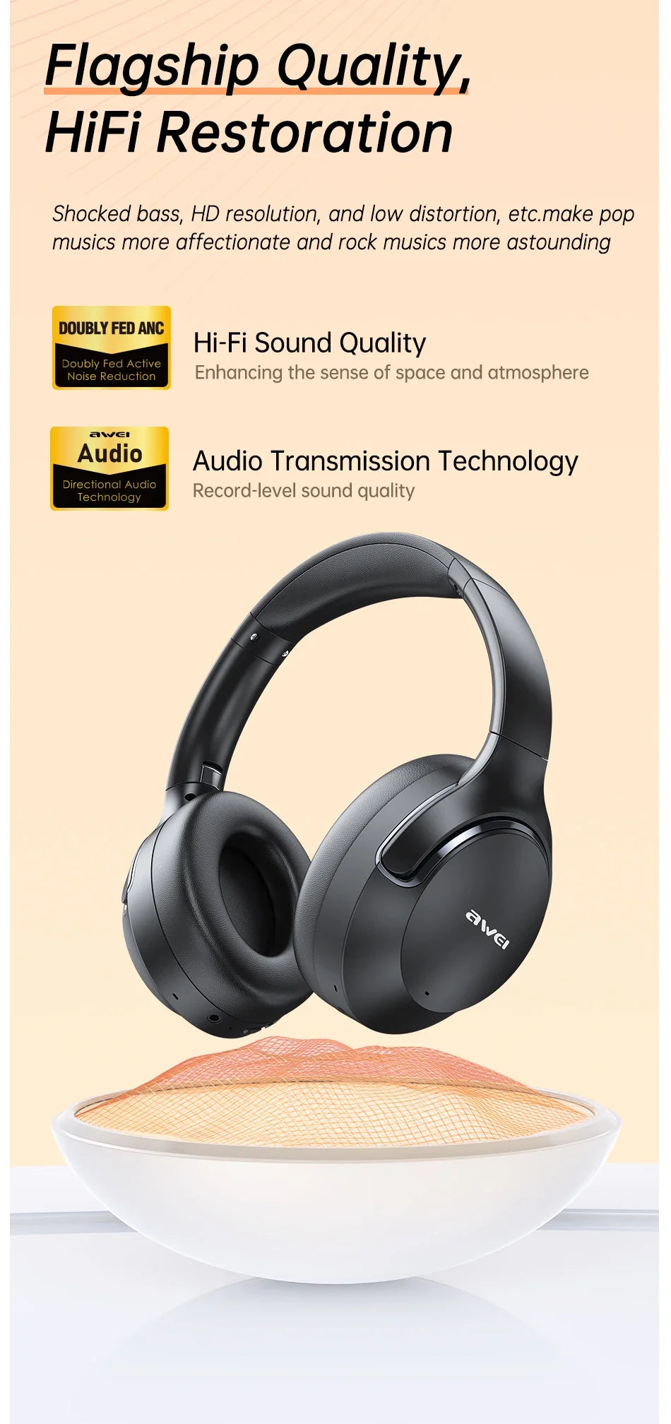 Awei AT2 ANC Wireless Headphones Over-Ear 30dB ANC Headphone Bluetooth 5.3 40mm Dynamic Driver Long Battery Life Earphones