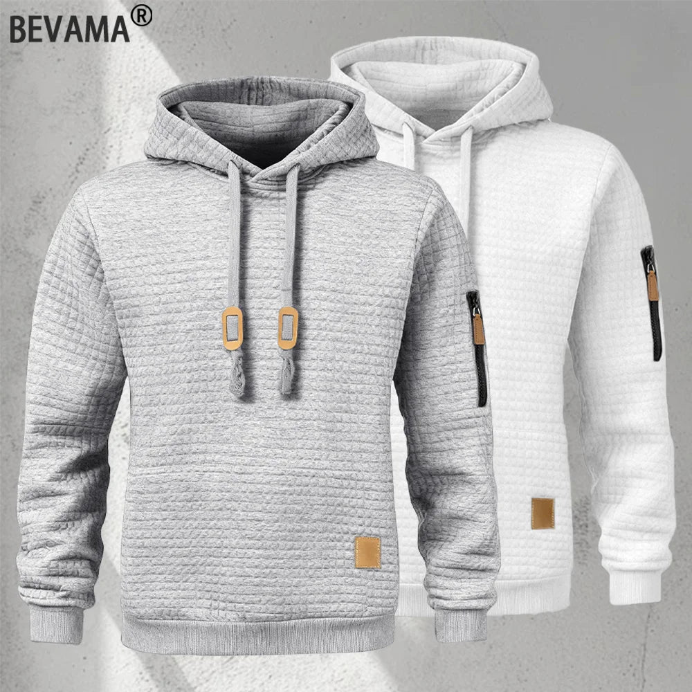 New Autumn Men's Hoodie Waffle Pattern Long Sleeve Sweatshirt Solid Color Casual Warm Pullover Outdoor Sportswear Men's Clothing
