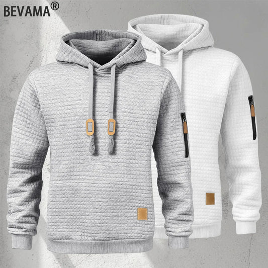 New Autumn Men's Hoodie Waffle Pattern Long Sleeve Sweatshirt Solid Color Casual Warm Pullover Outdoor Sportswear Men's Clothing