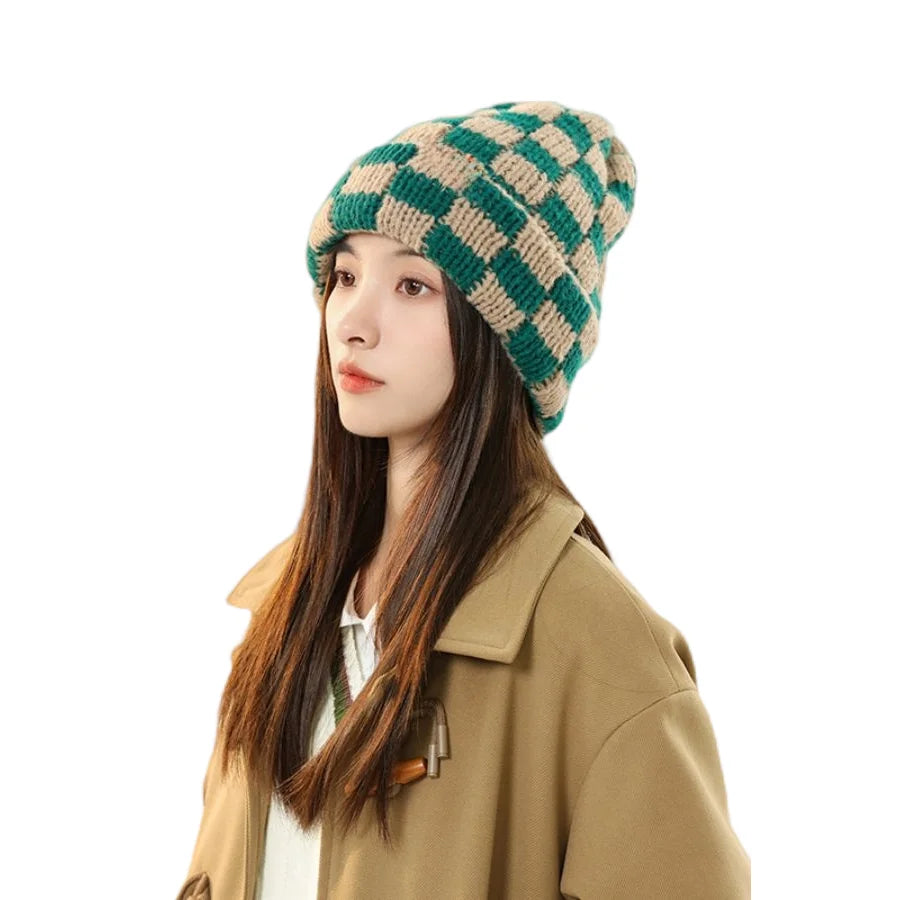Luxury Brand Chessboard Plaid Knitted Hat Women Winter New Big Size Hat Warm Beanies Skullies Green Red Xmas Christmas Hat