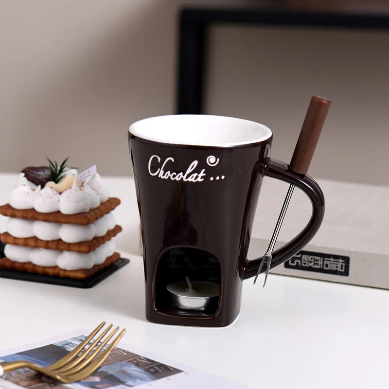 Chocolate Melting Cup Ceramic Fondue Cups with Fork Coffee Mug Chocolate Cooking Pots for Dessert Cheese Butter Melter Cup Gifts