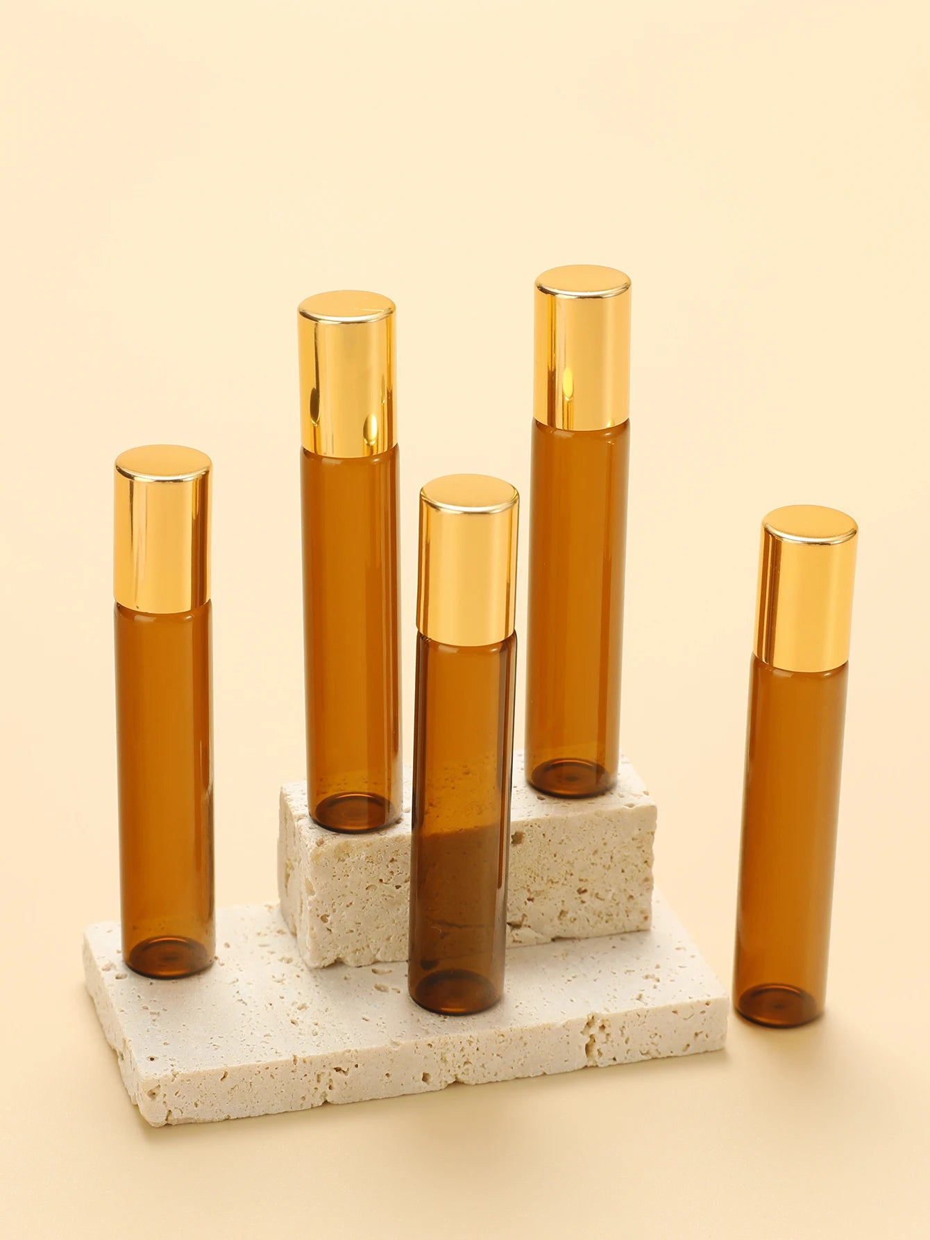 5 Refillable Glass Essential Oil Bottles, Amber Glass Bottle Rollerball Perfume Bottle, Stainless Steel Ball Hollow Travel Rolle