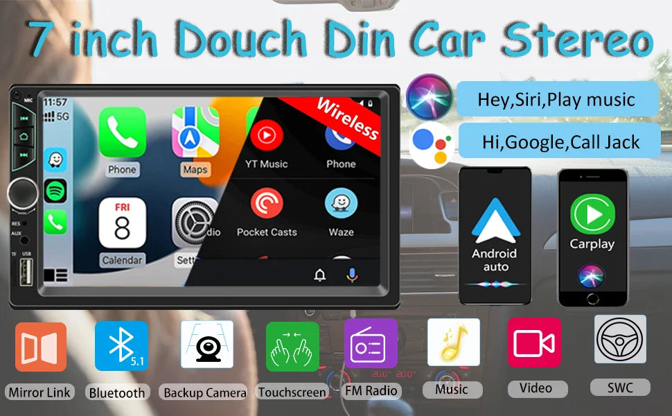 7 Inch HD Touch Screen Car Radio 2 Din High Quality Car Video Player Wireless CarPlay Android Auto with Bluetooth Rear Camera