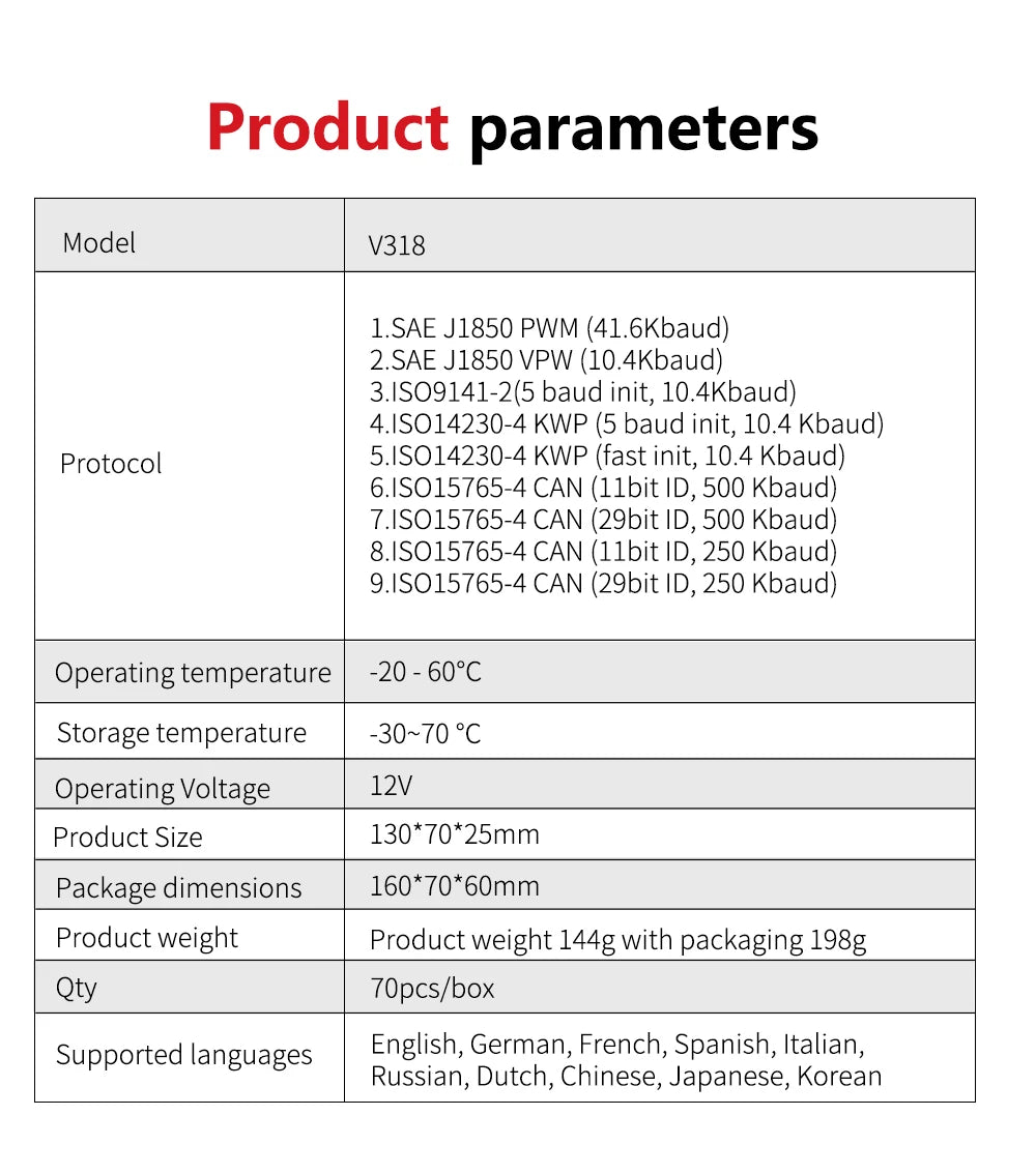 V318 Auto Diagnostic Tool Scanner Automobile Battery Tester OBD2 Automobile Clear Fault Detects Support Multiple Languages