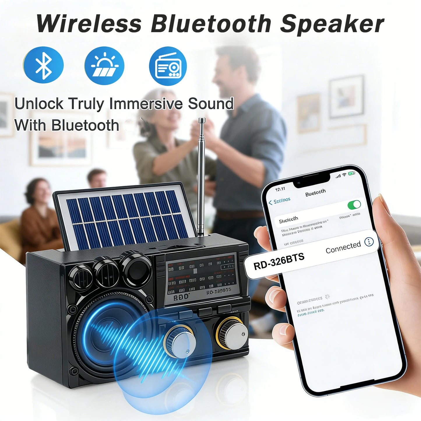 Portable FM AM SW Radio Solar  Radio Receiver Bluetooth Speaker TF Card USB Drive MP3 Music Player Rechargeable Battery