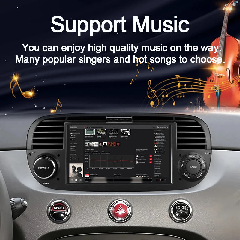 Junuse 7" Wireless Android Auto Carplay For Fiat 500 2007~2015 Android 13 Carplay GPS Navigation Multimedia Player White Black