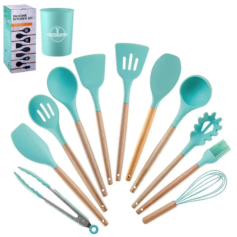 12pc Silicone Kitchen Utensils Set With Wooden Handles