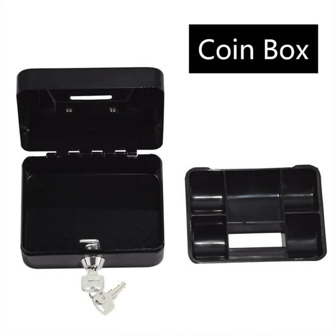 Small Cash Box Black Metal Storage Piggy Bank Safety Deposit for Money