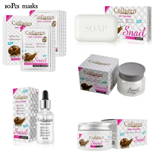 5 In 1 Collagen Snail Face Serum + Clay Mask + Whitening Cream + Beauty Soap + 10Pcs Facial Sheet Masks