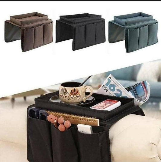 Sofa Armrest Organiser with Cup Holder Tray, 6 Pockets, TV Remote Control Organizer, Sofa Couch Armchair Caddy Organiser, Tidy Pocket Hanging Storage Bag Holder for Cellphone, Magazine, Drinks, Snacks