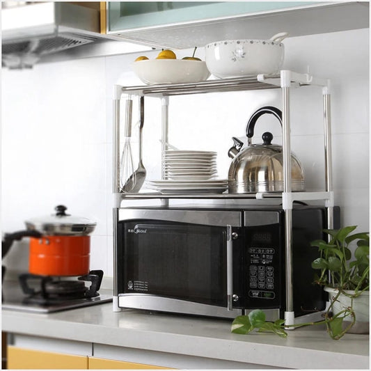 Adjustable Multifunctional Microwave Stand – Heavy-Duty 2-Tier Kitchen Storage Rack with Expandable Shelf & Hooks