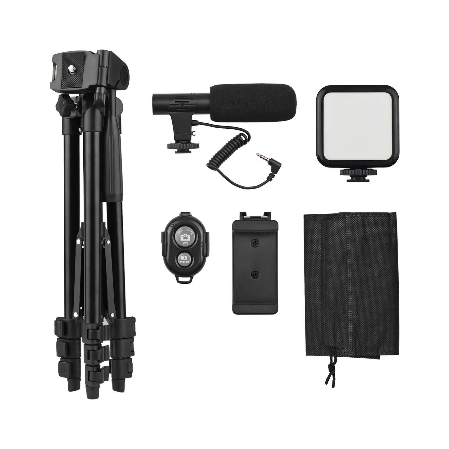 Complete Vlogging Kit with Tripod Stand, Noise-Cancelling Microphone, LED Video Light & Remote – KIT-05LM