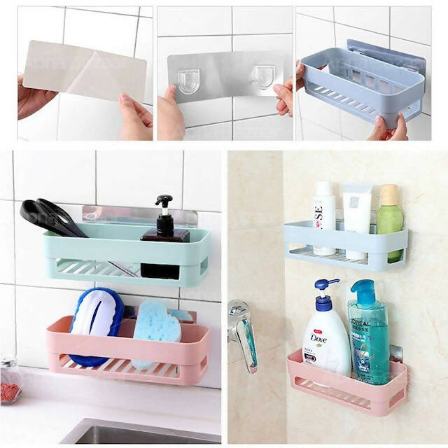 Simple Adhesive Plastic Bathroom Shelf, Easy Install, No Drill, Quick Drain, Space-Saving Organizer