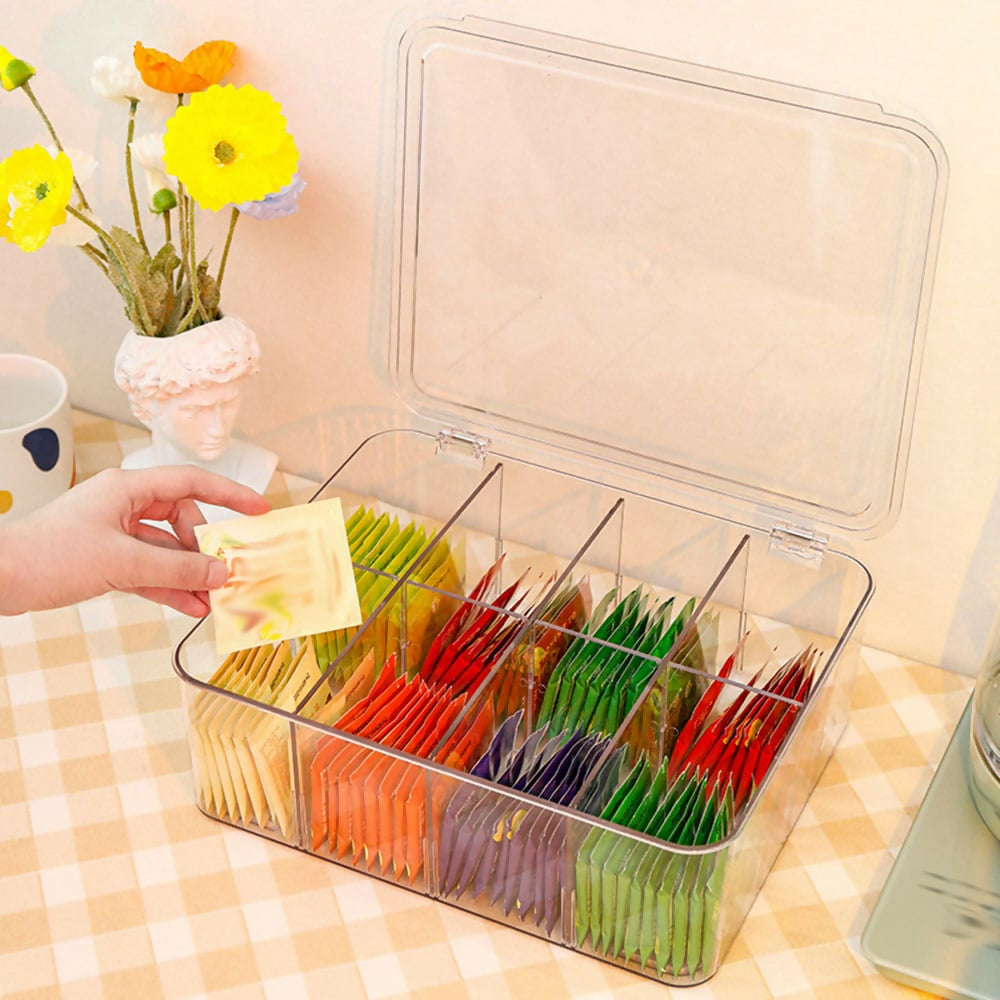 Acrylic Tea Bag Organizer with Lid, Stackable Coffee Partition Box, Office Multi-purpose Storage