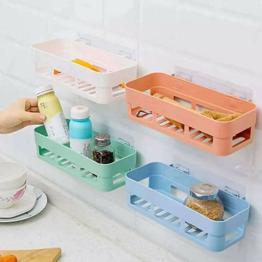 Simple Adhesive Plastic Bathroom Shelf, Easy Install, No Drill, Quick Drain, Space-Saving Organizer