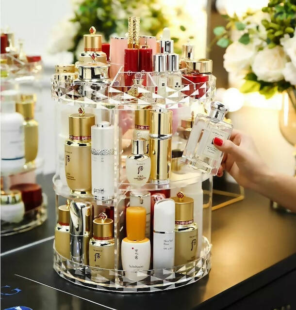 Acrylic Rotating Makeup Organizer, Clear Makeup Organizer 360-Degree Rotating, Adjustable Cosmetic Storage Display Case(28cm * 28cm * 35cm)