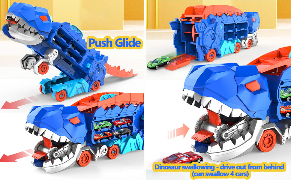Transport Dinosaur Truck with Foldable Sliding Race Track Transforms into Standing T-rex Best DIY Birthday Gifts Toys Boys Girls