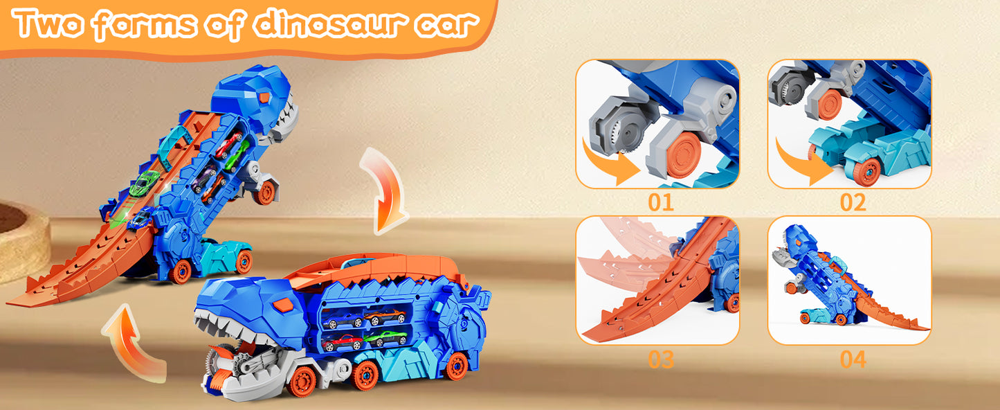 Transport Dinosaur Truck with Foldable Sliding Race Track Transforms into Standing T-rex Best DIY Birthday Gifts Toys Boys Girls