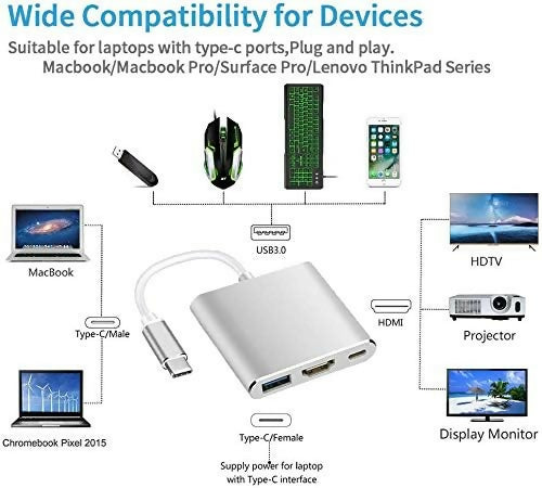 4K Adapter - Type C To HD/USB 3.0/Type-C - USB C Type C To HDMI USB 3.0 USB-C HUB Adapter Type-C Extender HD 4K Converter For Macbook Air Pro