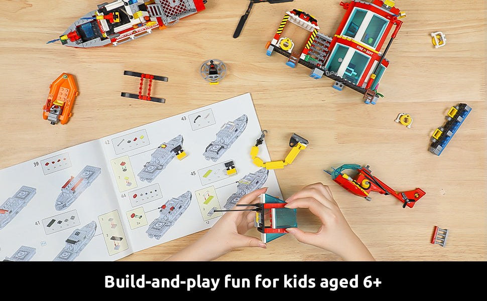 City Oceans Fire Station Building Kit fire Station Set with Fire Station/Fire Helicopter/Fire Ship/Rescue Boat, Gifts for Boys