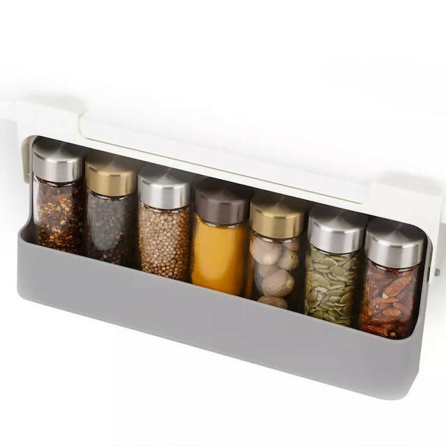 7pc Under Shelf Spice Holder Rack, Clear Spice Cans with Black Lids, Under-Shelf Spice Jar Organizer Drawer