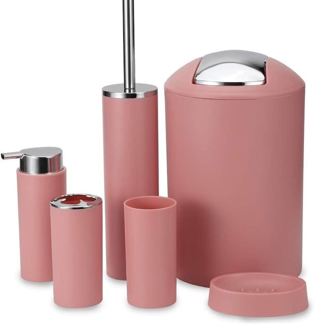 6Pcs Bathroom Accessories Set, Bath Ensemble Soap Dish, Trash Can, Toilet Brush with Holder, Tumbler Cup, Toothbrush Holder