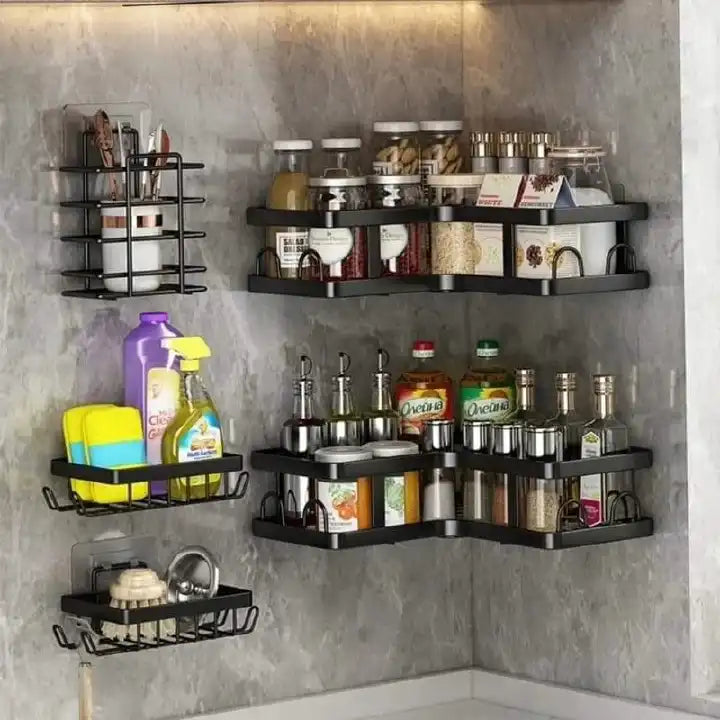 Heavy-Duty Carbon Steel Corner Shower Caddy Set (5-Pack) – Rust-Resistant, Adhesive, Space-Saving Organizer
