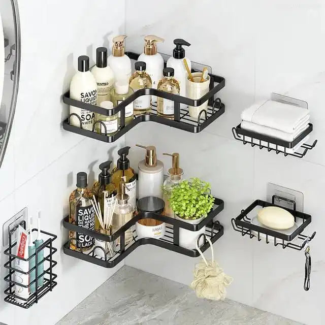 Heavy-Duty Carbon Steel Corner Shower Caddy Set (5-Pack) – Rust-Resistant, Adhesive, Space-Saving Organizer