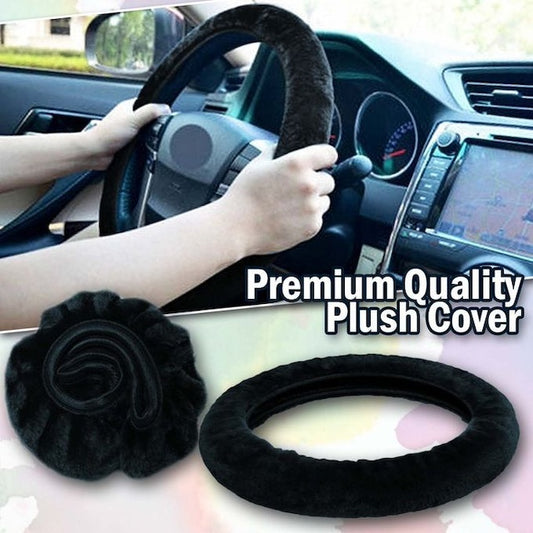 Plush Comfortable Soft Stretch On Steering Wheel Cover, Breathable Sweat-absorbing Car Steering Wheel Cover Set - Black