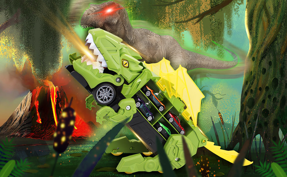Transport Dinosaur Truck with Foldable Sliding Race Track Transforms into Standing T-rex Best DIY Birthday Gifts Toys Boys Girls