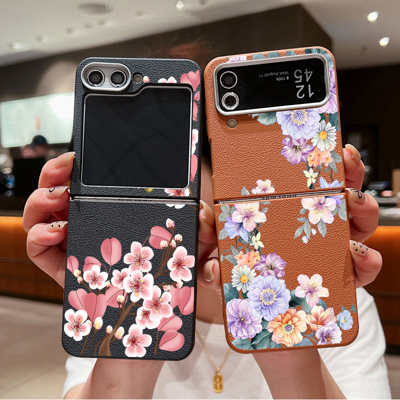 For Samsung Galaxy Z Flip 7 FE 6 5 3 4 Leather Texture Phone Case Floral Flower Soft TPU Folding Cover For Samsung Z Flip5 Flip6