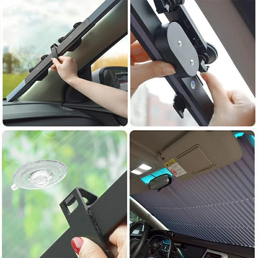 Car Retractable Windshield Sun Shade, Folding Large Sun Visor Protector with Suckers, Auto Front Window Sunshade, Sunscreen Blocks