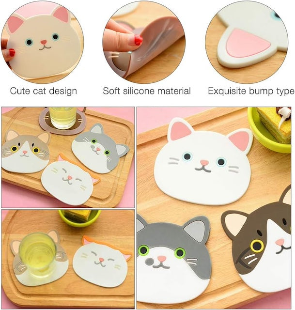 Cat Silicon Coaster, Decorative Cat Coasters, Cute Cartoon Cats Drink Coasters, Table Coasters for Wine, Glass, Tea, Drinks