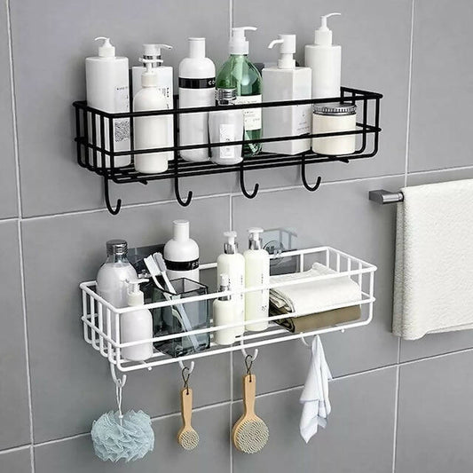 Punch Free Storage Rack/Organizers, Wall Mounted Floating Metallic Shelf with Hooks for More Holding Capacity