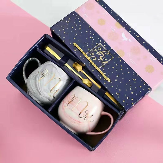 Luxurious Couple Cup set +Gift Box with 2 in a box pink + Gray with 2spoons